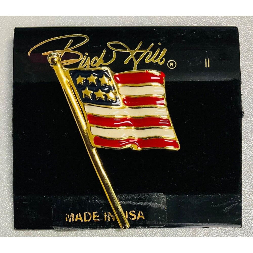 Brand New Birch Hill American Flag Enamel Gold Tone Brooch Pin 2” x 1”